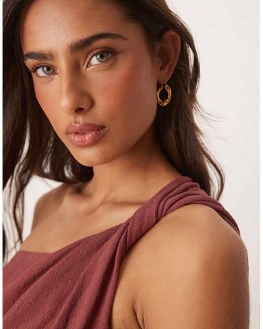 ASOS Red Linen Blend Fallen Twisted Shoulder Wrap Skirt Detail Midi Dress