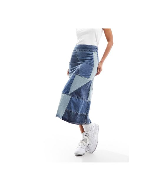 Mango Blue Capsule Patchwork Denim Midi Skirt