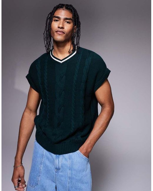 ASOS Blue Oversized Boxy Knitted Tank With Contrast Tupping for men