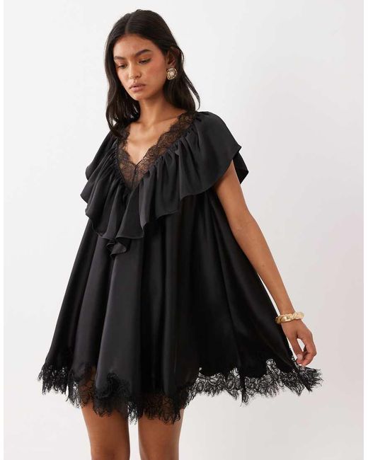 ASOS Black V Neck Satin Ruffle Mini Dress With Lace Trim