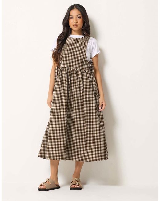 PixieGirl Brown Petite Gingham Pinafore Dress