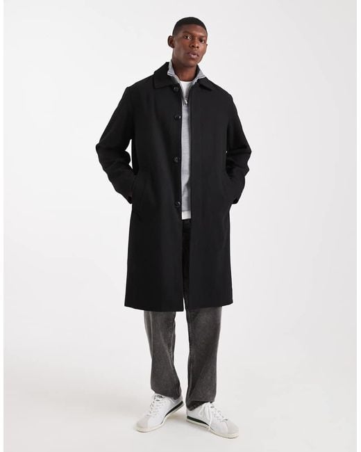 Jack & Jones Black Wool Look Longline Overcoat for men