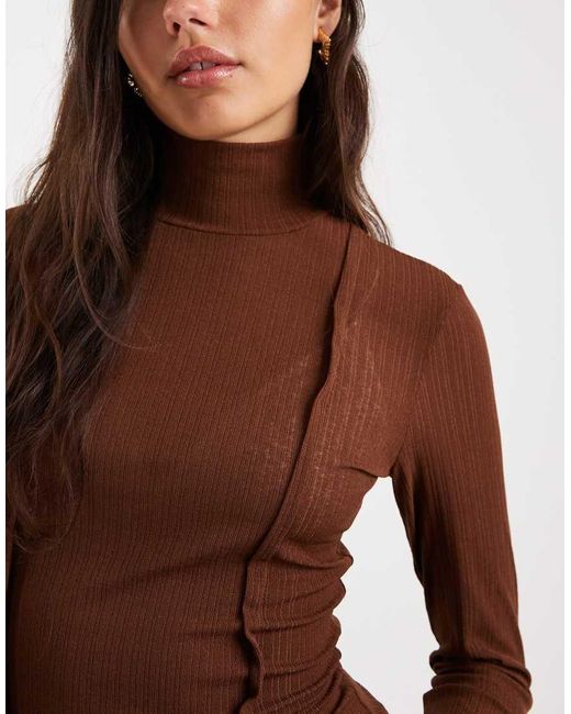 ASOS Brown Funnel Neck Long Sleeve Top With Exposed Seams