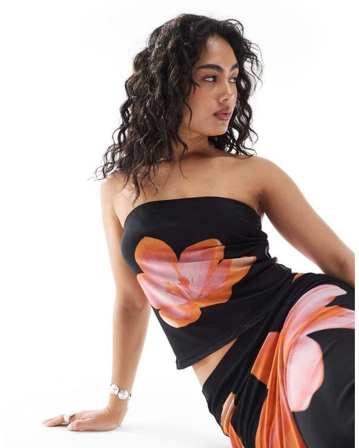 JJXX Black Mesh Strapless Top Co Ord With Flower Print