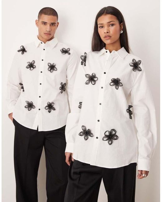 Sister Jane Natural Unisex Flora Penny Cotton Blend Button Up Floral Appliqué Shirt