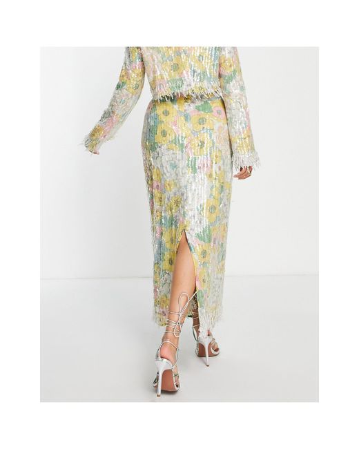 Falda midi con estampado floral en tonos pastel y flecos ASOS de color Multicolor