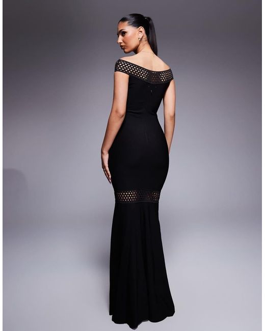 Goddiva Blue Off The Shoulder Ribbed Bodycon Maxi Dress