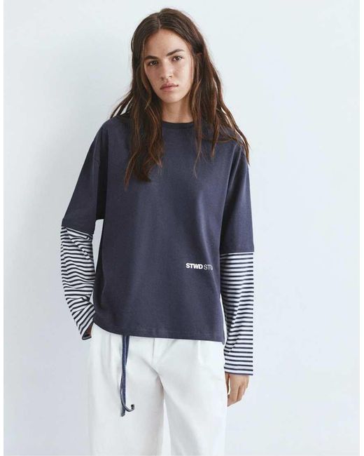 Pull&Bear Blue Double-sleeve Striped T-shirt