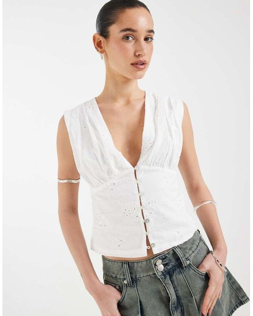 Motel White Yoshino Plunge Broderie Top