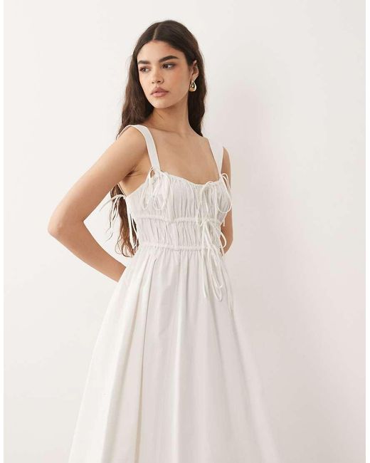 ASOS Natural Ruched Bodice Maxi Sundress With Full Skirt And Multi Stitched Hem