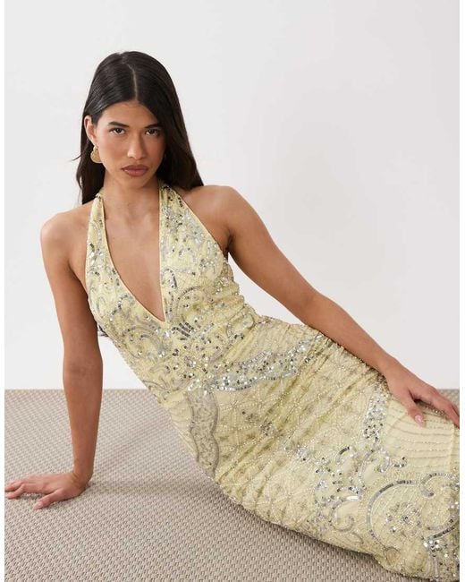 Beauut Natural Fully Embellished Beaded Plunge Halter Neck Maxi Dress