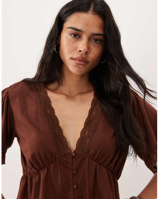 Miss Selfridge Brown Button Through Tea Top With Lace Trim