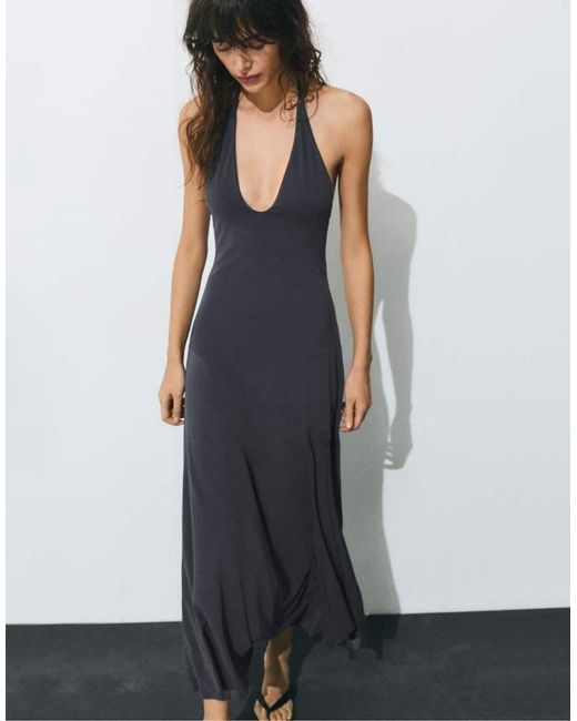 Pull&Bear Black Long Cupro Halter Dress