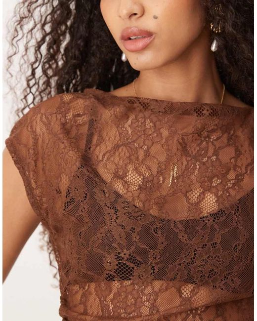ASOS Sheer Lace Off Shoulder Ruched Side Top in Brown Lyst UK — free download