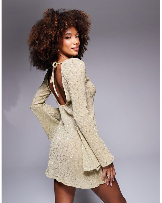 ASOS Angel Sleeve Sequin Mini Dress With Low Back in Natural Lyst