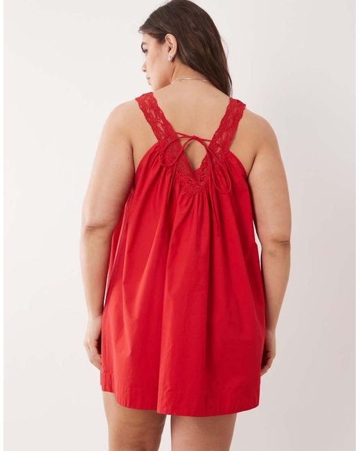 ASOS Red Asos Design Curve V Neck Smock Poplin Mini Sundress With Lace Overlay