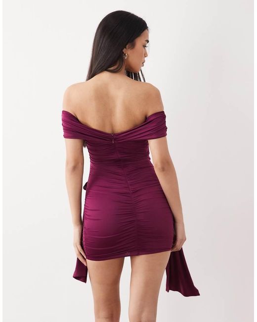 Oh Polly Purple Off Shoulder Rosette Ruched Bodycon Mini Dress With Drape Detail