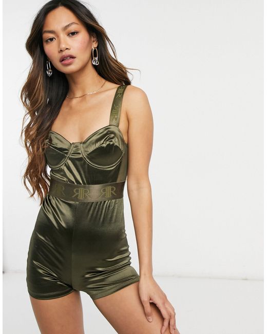Tuta corta con corpino strutturatoRiver Island in Satin di colore Verde |  Lyst