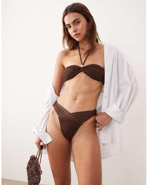 Miss Selfridge Brown Crochet Halterneck Faux Pearl Bikini Top