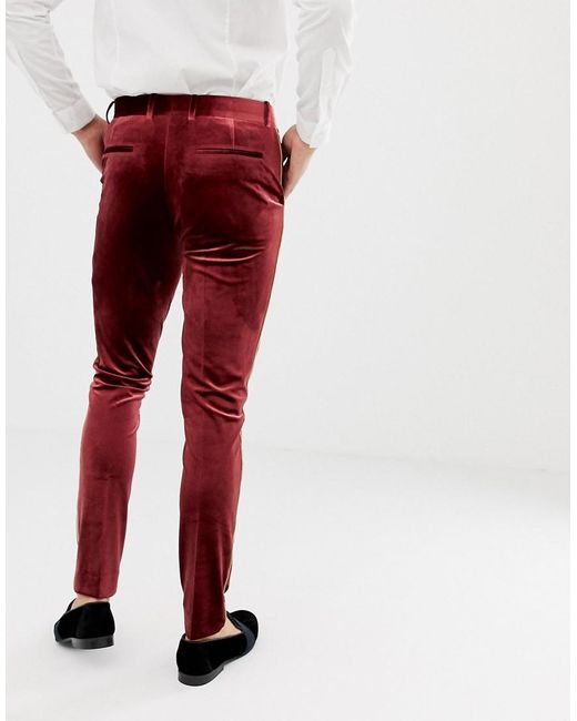 ASOS Super Skinny Smart Trouser In Burgundy Velvet With Gold Piping in Red  for Men | Lyst