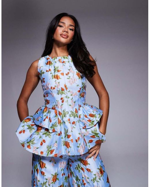 Top Con Patrón De Jacquard Floral, Sobrefalda Y Lazo En La Espalda De (Parte De Un Conjunto) ASOS de color Blue