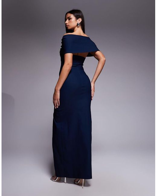 Vesper Blue Bengaline Deep Bardot Cinch Detail Side Split Maxi Dress