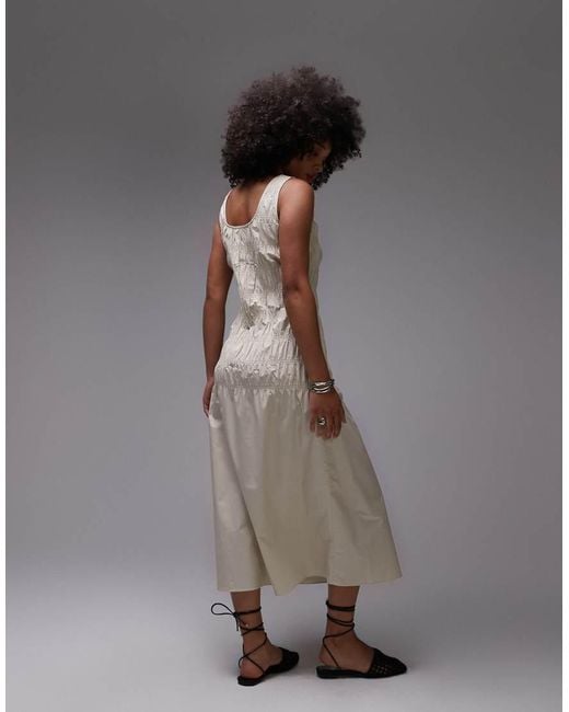 ARKET Gray Cotton Rich Midi Dress With Smocked Bodice And Drop Waist