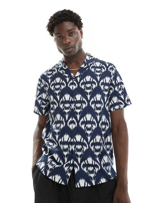 Another Influence Blue Short Sleeve Printed Revere Collar Shirt for men