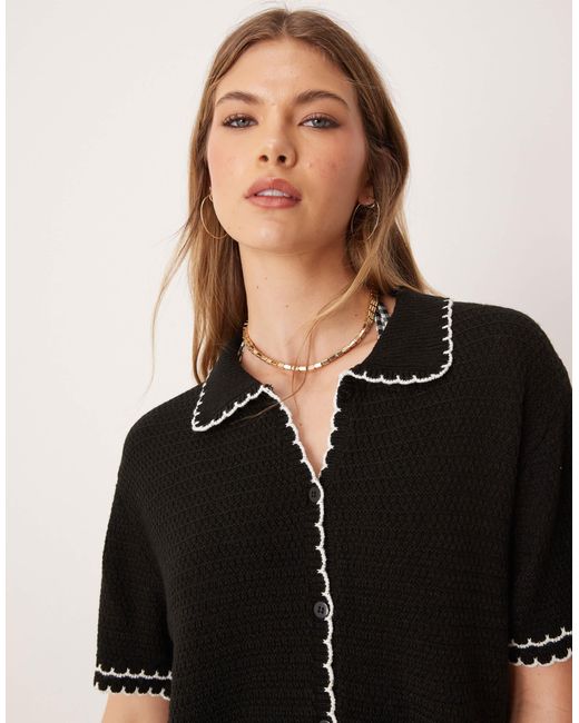 ASOS Black Knitted Beach Co Ord Button Through Top With Contrast Scallop Stitch