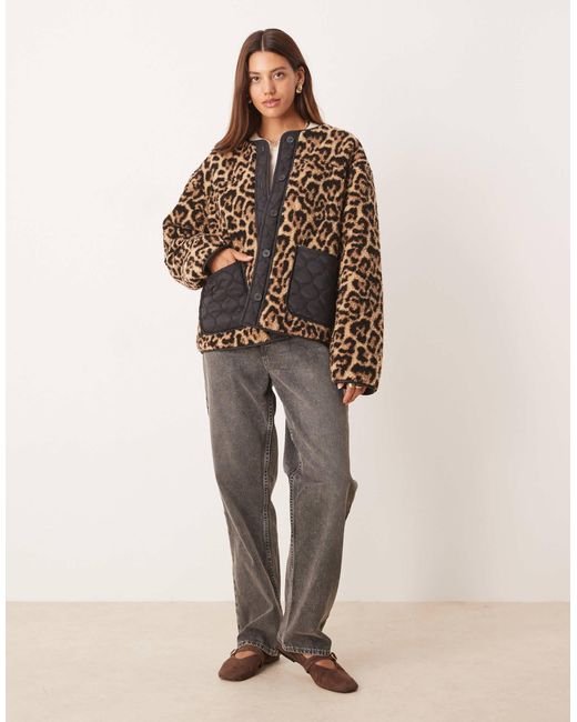 ASOS Natural Leopard Borg Jacket With Quilted Nylon Detail
