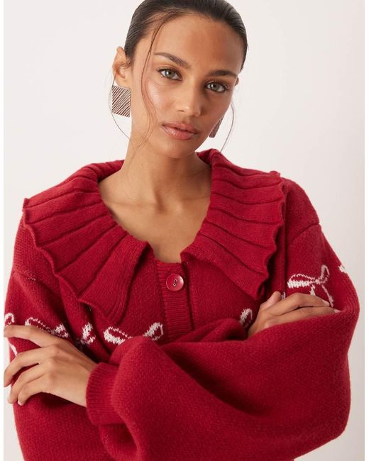For Love & Lemons Red Bow Intarsia Knitted Oversized Cardigan With Ribbed Collar