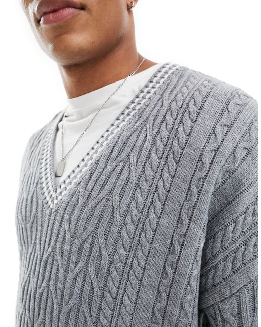 ASOS Gray Oversized Cable Knit Cricket Jumper for men