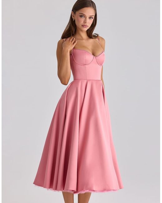 House Of Cb Pink Mademoiselle Raspberry Satin Tulle Midi Dress