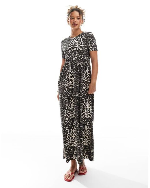 Threadbare Midi Jurk Van Jersey Met Korte Mouwen, Verlaagde Taille En Luipaardmotief in het White