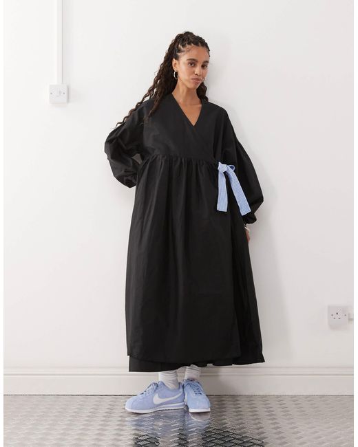 Collusion Black Oversized Wrap Maxi Smock Dress With Contrast Gingham Ties
