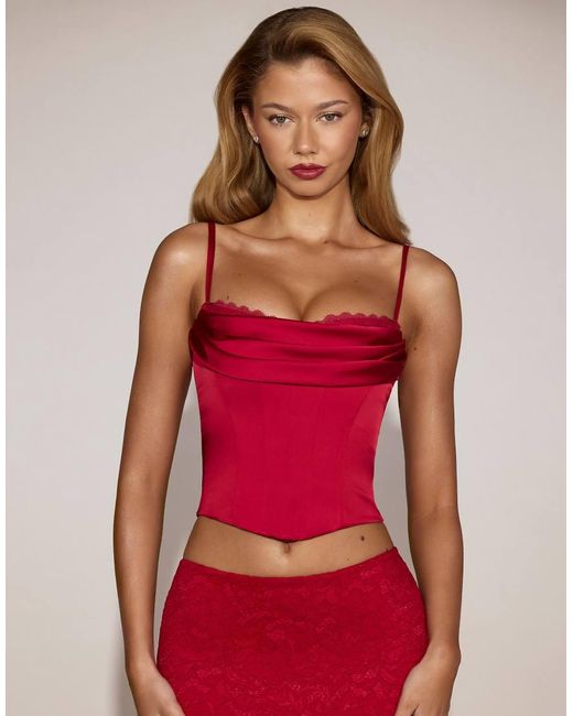 Oh Polly Red Satin Cowl Neck Lace-up Corset Top
