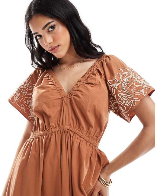 French Connection Brown Cambria Cotton Embroidered Midi Dress