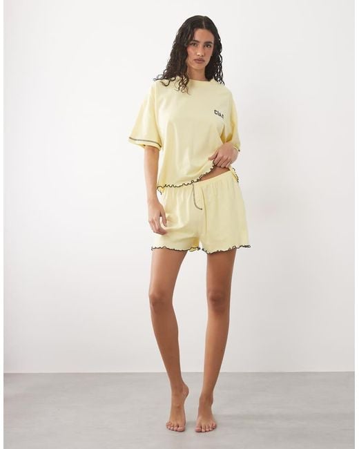 ASOS Natural Embroidered Ciao Slogan Short Sleeve Tee And Shorts Pyjama Set With Lettuce Edge
