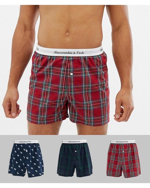 Abercrombie & Fitch 3 Pack Stripe/all Over Logo/check Boxers In  Navy/green/red for Men | Lyst