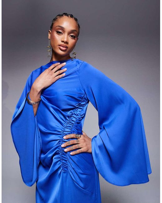 Vestido Largo De Corte Al Bies Con Mangas Desmesuradas Y Cintura Fruncida De Asos Design Tall ASOS de color Blue