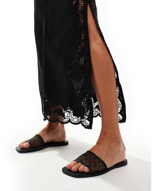 Bershka Black Mesh Flat Sandals With Gem Embellishment