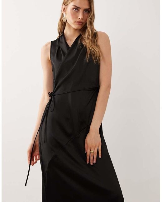 ASOS Black Satin Wrap Top Midi Dress