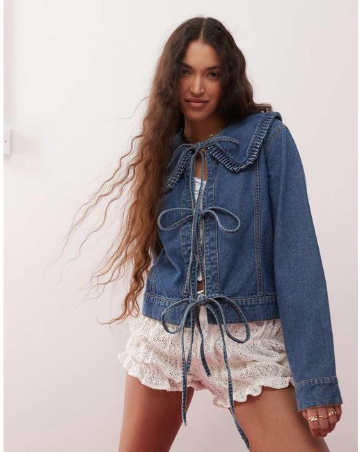 Miss Selfridge Denim Jack Met Gestrikte Voorkant En Ruches Aan De Kraag in het Blue