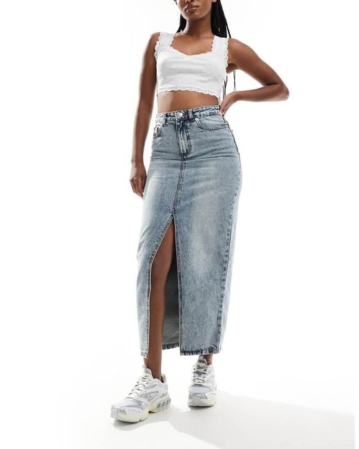 Don't Think Twice Blue Dtt Denim Midi Skirt With Front Split