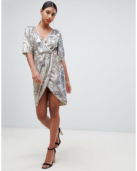 tfnc high neck sequin midi dress in gold