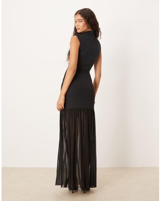 ASOS Black High Neck Detail Maxi Dress With Mesh Skirt