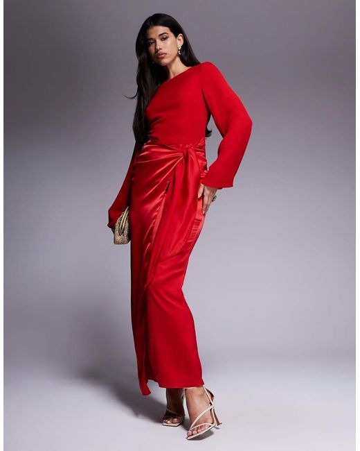 ASOS Red Blouson Sleeve Chiffon Maxi Dress With Satin Wrap Skirt