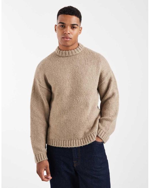 Jack & Jones Natural Oversized Crew Neck Fluffy Yarn Jumper for men
