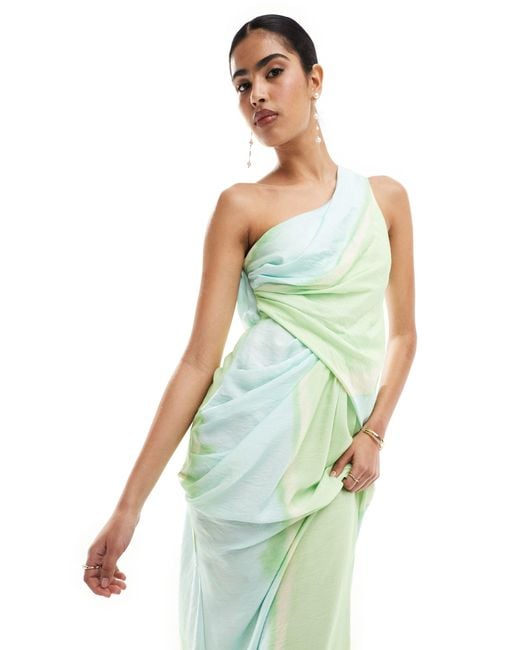 ASOS Green One Shoulder Draped Maxi Dress With Full Skirt