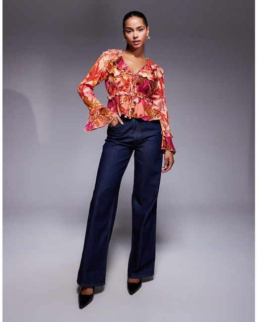River Island Red Floral Long Sleeve Sheer Top